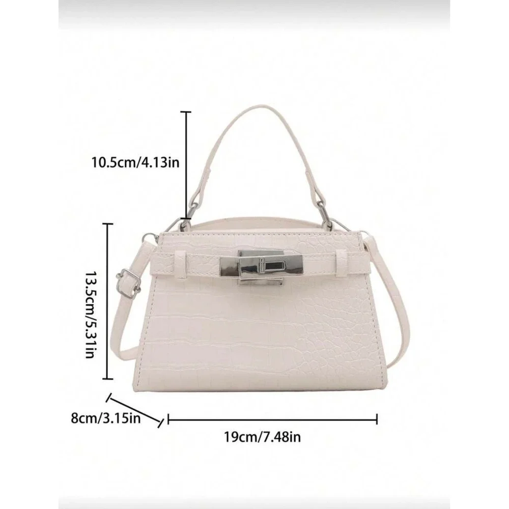 White Croc Embossed Mini Top Handle Crossbody Bag Silver Hardware Turn Lock‎